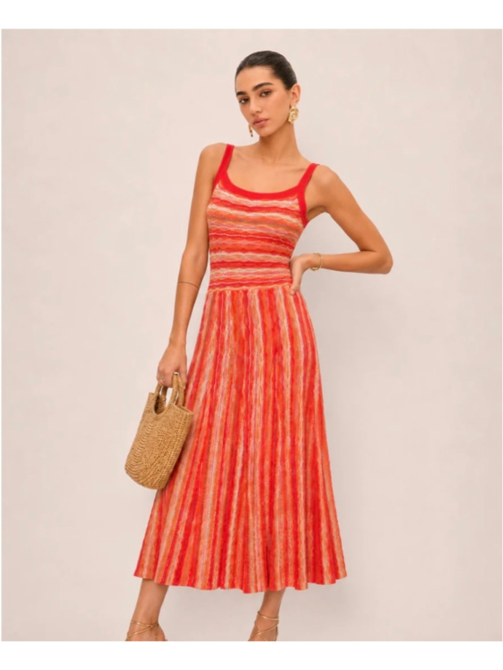 Commense Textured Knit Midi Slip Dress S Orange Red Stripe
